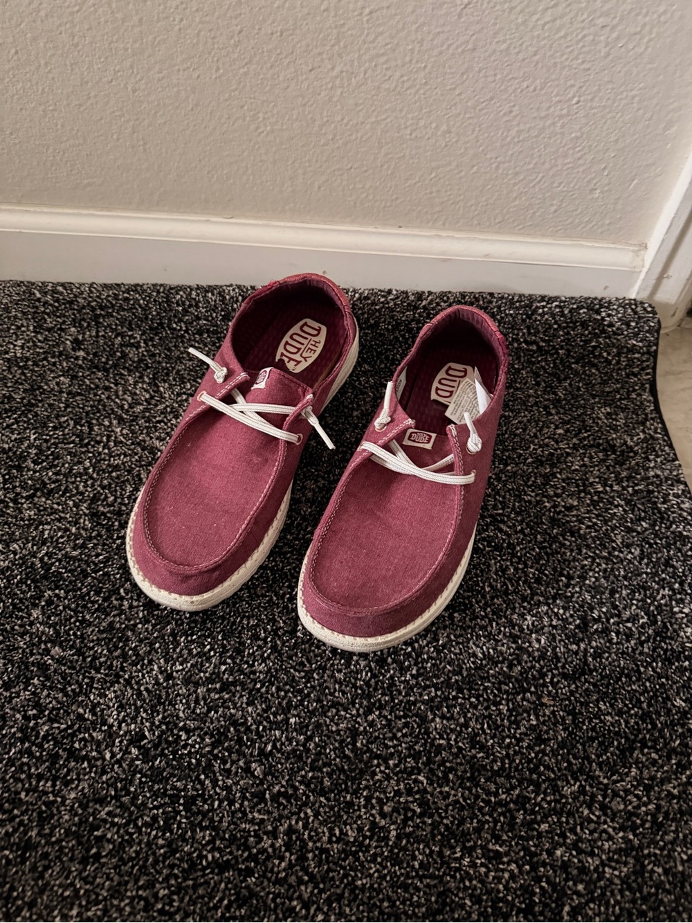 Hey Dude Burgundy Canvas Womens loafer with White Laces